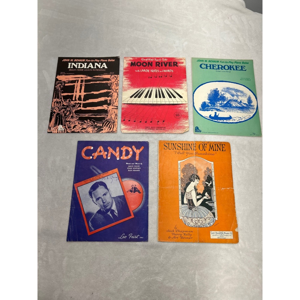 Vintage Sheet Music Lot 5pc Moon River Indiana Cherokee Candy Sunshine‎ of Mine